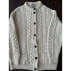 Vintage Handmade  Chunky Knit Ivory Ireland 100% Wool Fishermans Sweater szL